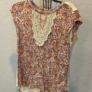 Daniel Rainn Crochet-Trim Paisley Short Sleeve Top - Cream & Brown
